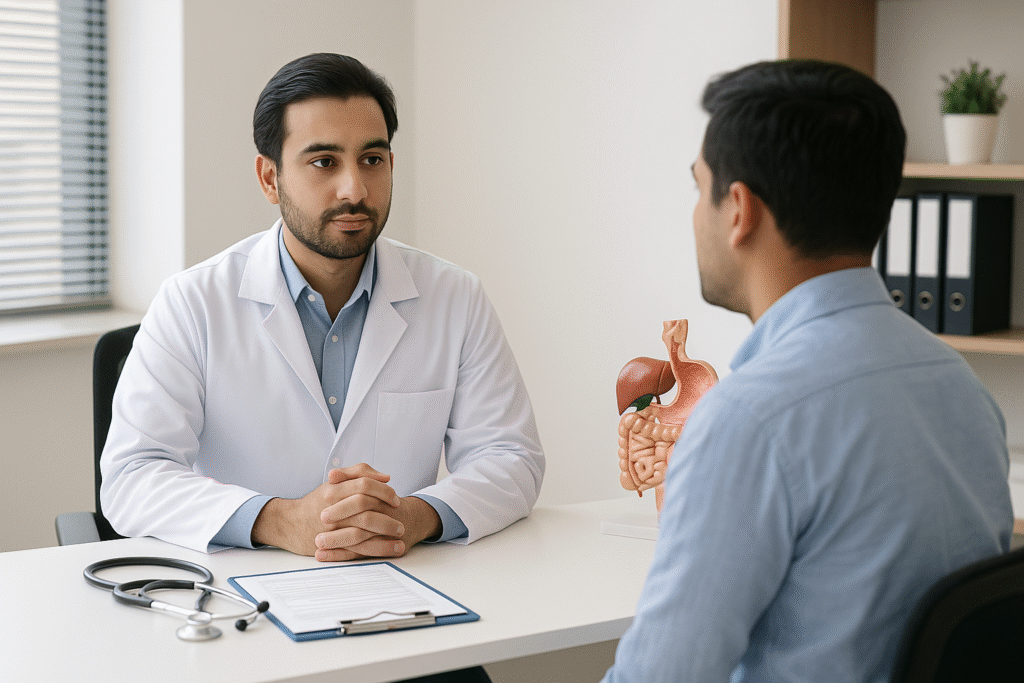 Doctor consulting a patient about digestive health in a modern Lahore clinic – best gastroenterologist in Lahore